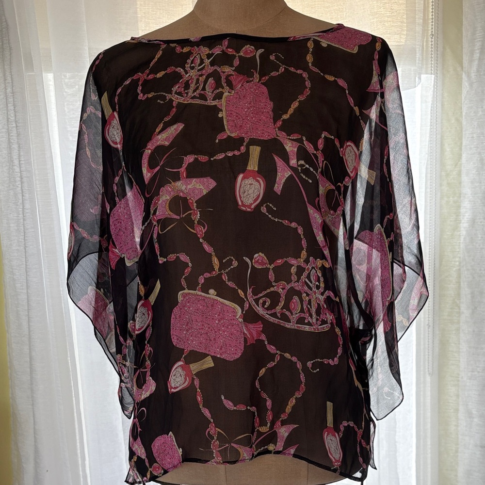 Karen Kane Sheer Silk Purse/Heel/Jewelry print Top Size S